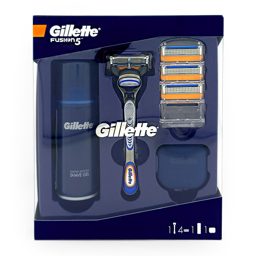 Gillette Fusion 5 Rasurset mit Rasierer + 3 Ersatzklingen + Rasiergel 75 ml + Standfuss