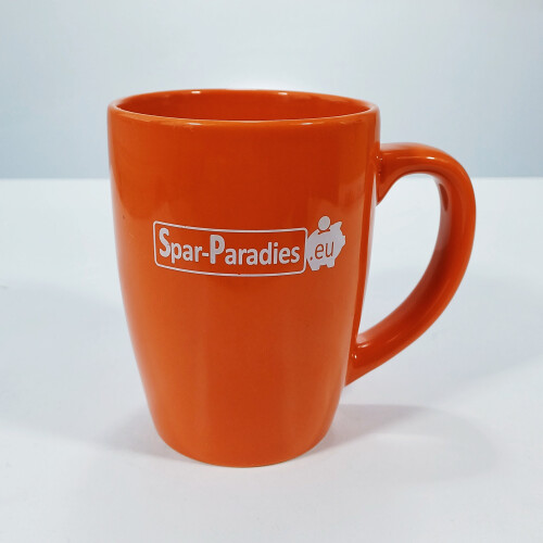 Tasse / Kaffeebecher aus Porzellan "Spar-Paradies" orange, 250 ml